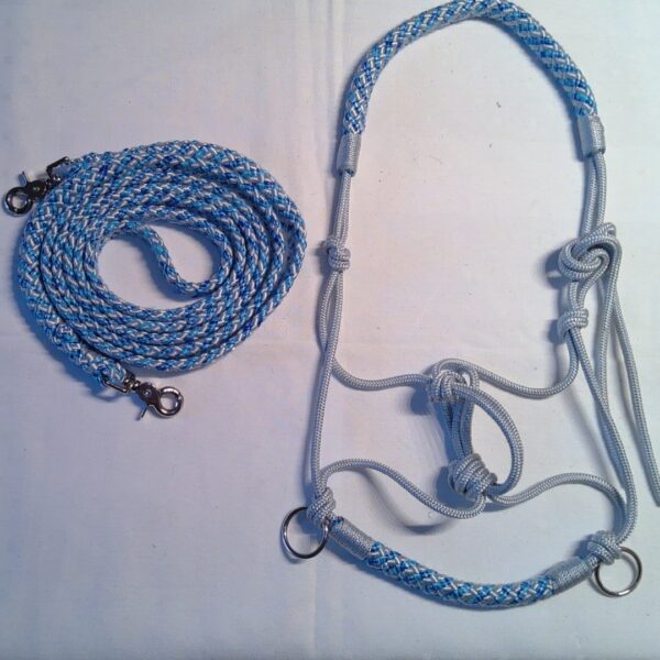 Knotenhalfter zum Reiten mit Zügel Pony, Handarbeit, blau/grau, Größe Pony